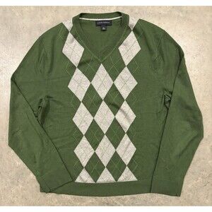 Banana Republic Sweater Mens Large Green Argyle V Neck Silk Cashmere Blend